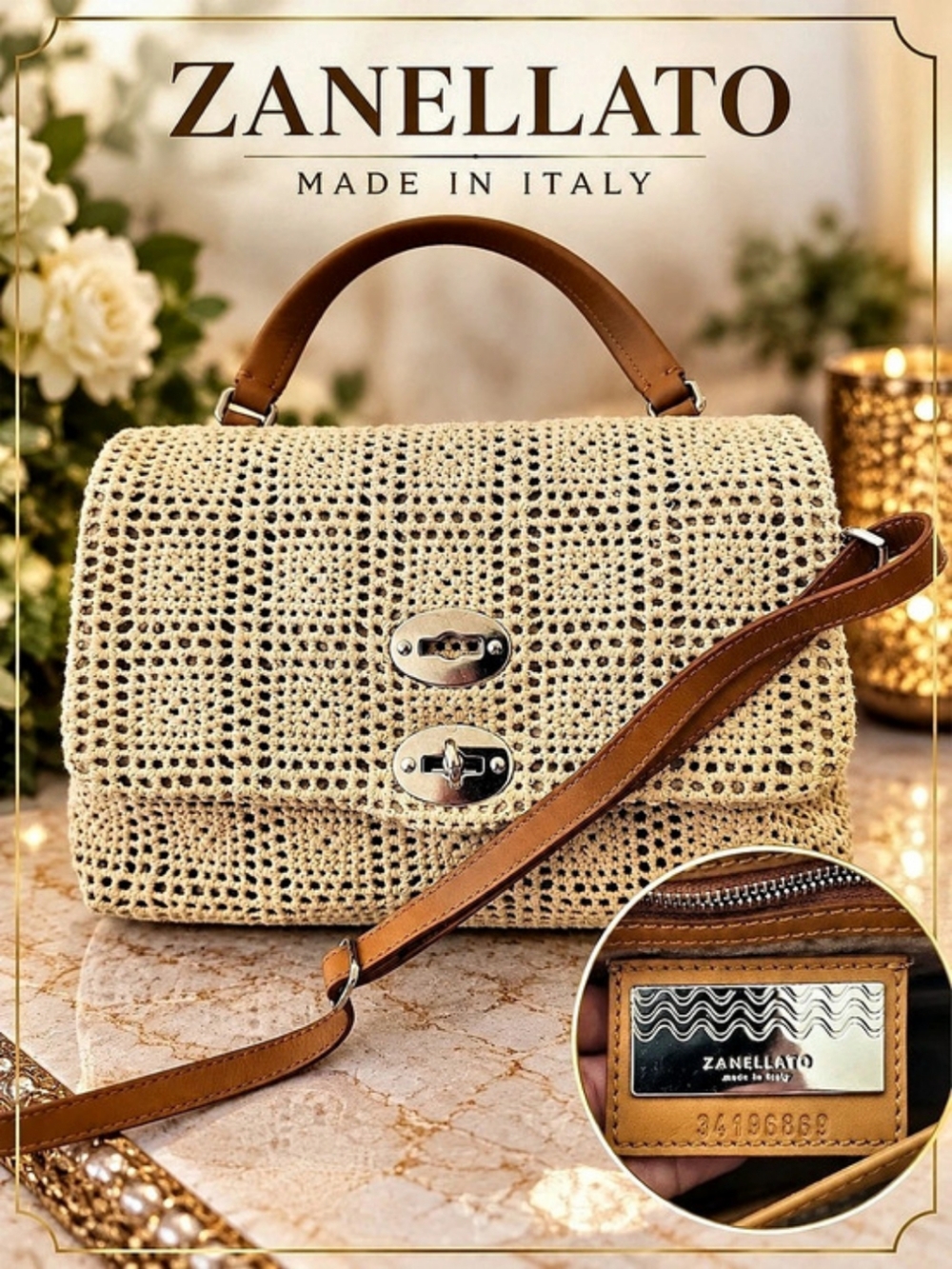 Zanellato Postina Baby Wicker / Raffia Crochet Bag Crochet Shoulder Bag in Beige